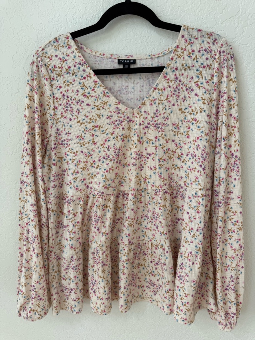 torrid Cream Floral V-Neck Tiered Top with Pink & Blue Accents